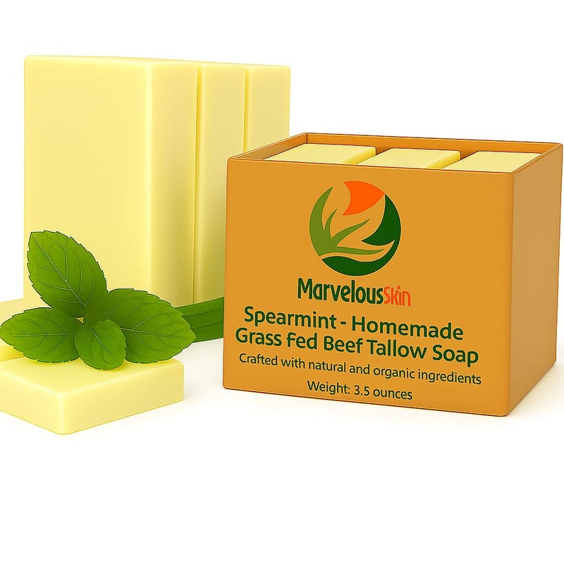 Marvelouskin Spearmint Tallow Soap â€“ Smooth, Sweet Mint Bar Made with Grass-Fed Tallow & Organic Spearmint Essential Oil â€“ Naturally Refreshing â€“ 3 Pack - Image 1
